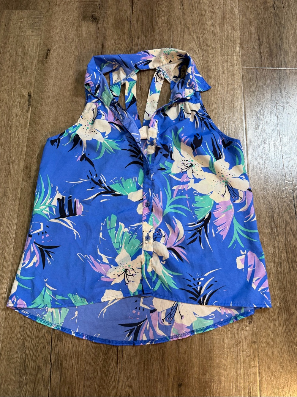 Love Squared Blue Floral Halter Tank with Pink Accents